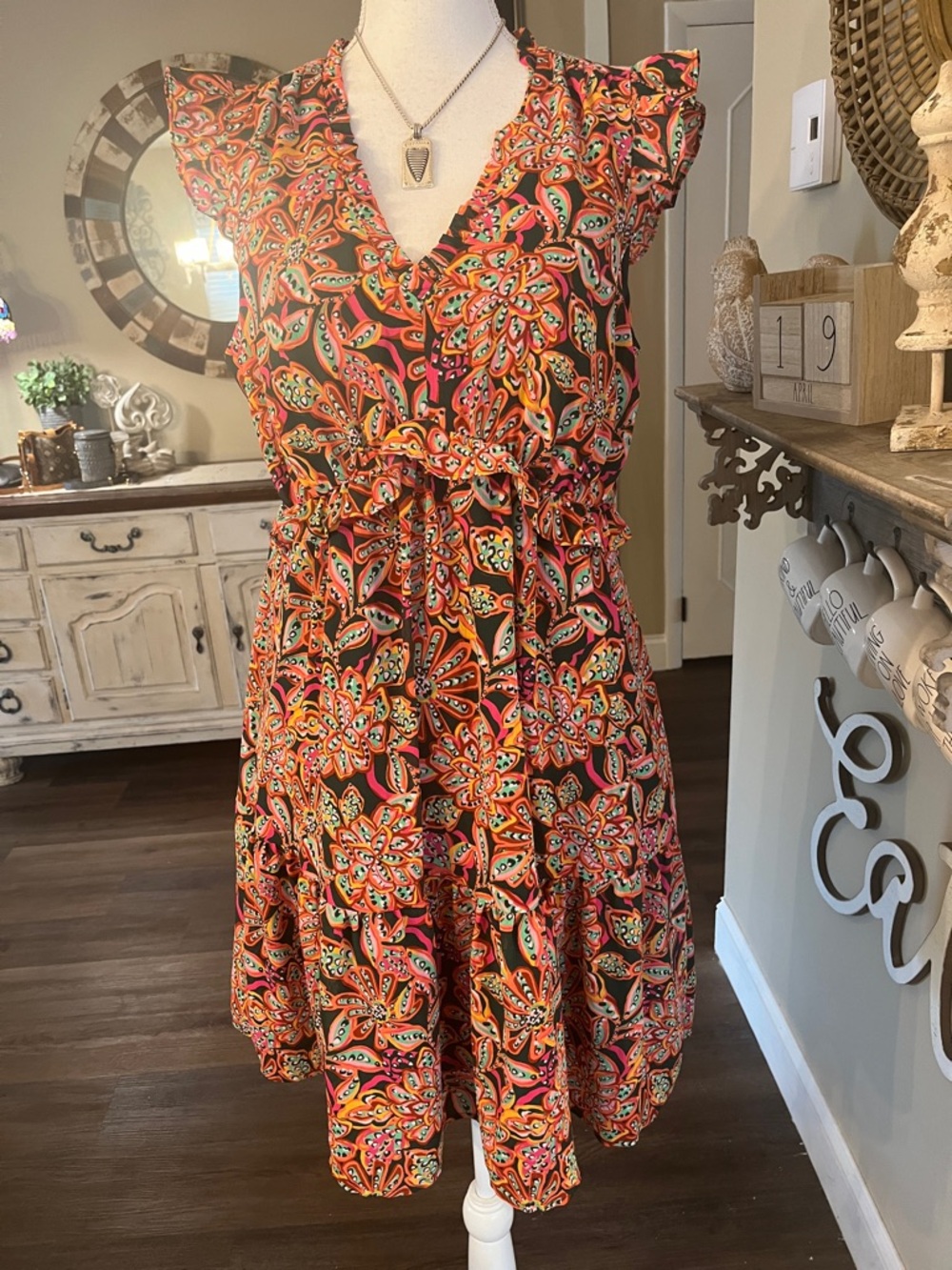 J. Crew V-Neck Ruffle Midi Dress in Orange and Black Paisley